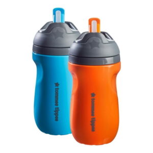 Tommee Tippee Insulated Non-Spill Straw Cup, 12m Toddler Training Drinking Bottle, 100% Leak Proof, Pack of 2, Orange and Blue