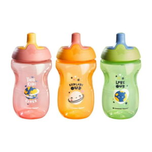Tommee Tippee Sportee Water Bottle for Toddlers, Spill-Proof, 10oz, 12m, Pack of 3, Pink, Green and Orange