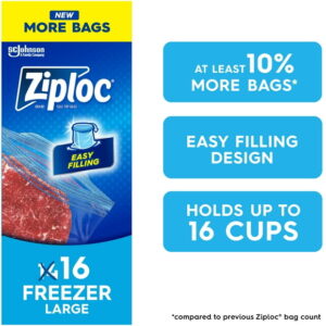 Ziploc?? Freezer Bags with Stay Open Technology, Large, 16 Bags