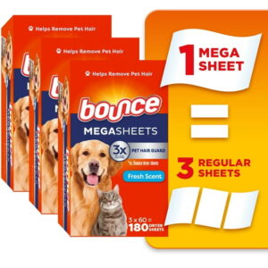 Bounce Pet Hair and Lint Guard Mega Dryer Sheets with 3X Pet Hair Fighters, Fresh Scent, 180CT
