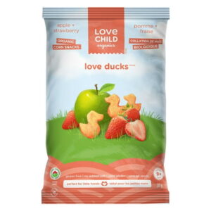 Love Child Organics Love Ducks Apple  Strawberry Corn Snacks 30g Bag, E-LOVE CHILD LOVE DUCKS APP STRAW