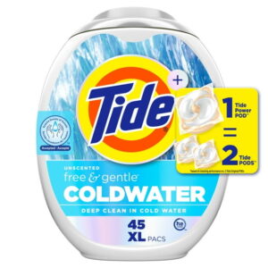 Tide PODS Free and Gentle Coldwater Laundry Detergent Pacs, 45 Count, Hypoallergenic Laundry Detergent Pacs, TIDE TD PWRPDS F&G CW45CT