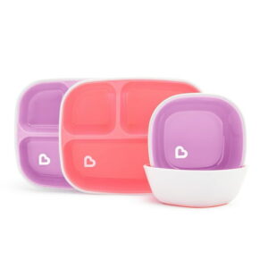 Munchkin Splash 4 Piece Toddler Divided Plate and Bowl Dining Set, Pink/Purple