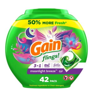 Gain Flings Laundry Detergent Pacs, Moonlight Breeze Scent, 3 in 1 HE Detergent Pacs with Oxi Boost and Febreeze, 42 Count