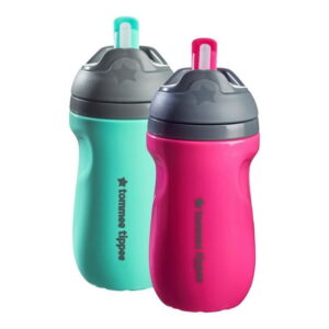 Tommee Tippee Insulated Non-Spill Straw Cup, 12m Toddler Training Drinking Bottle, 100% Leak Proof, Pack of 2, Pink and Mint